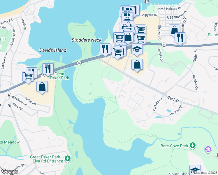 map of restaurants, bars, coffee shops, grocery stores, and more near 230 Beal Street in Hingham