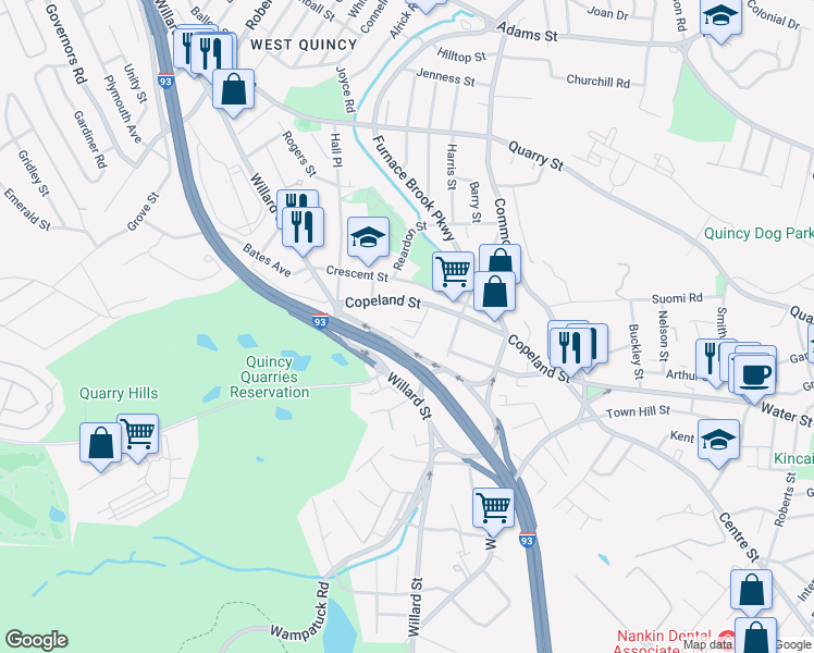 map of restaurants, bars, coffee shops, grocery stores, and more near 15 Furnace Avenue in Quincy
