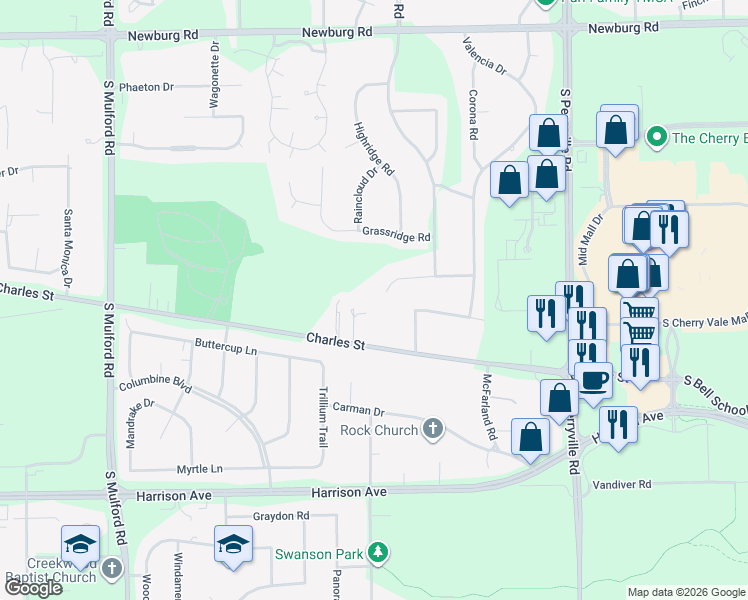 map of restaurants, bars, coffee shops, grocery stores, and more near 6594 Rolling Hedge Lane in Rockford