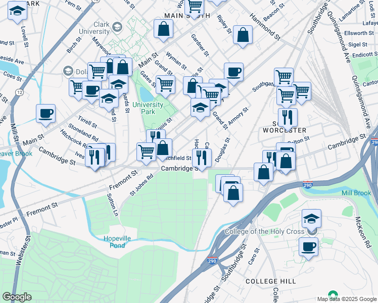 map of restaurants, bars, coffee shops, grocery stores, and more near 5 Hacker Court in Worcester