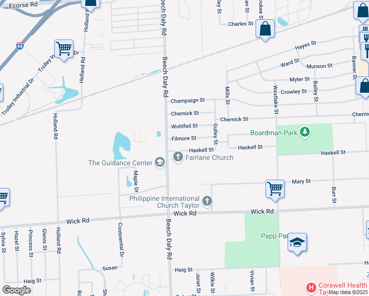 map of restaurants, bars, coffee shops, grocery stores, and more near 25646 Haskell Street in Taylor