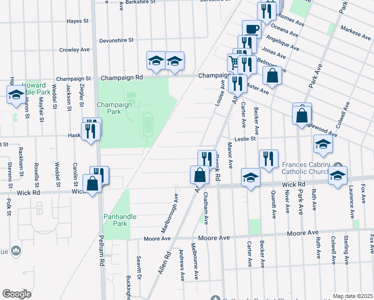map of restaurants, bars, coffee shops, grocery stores, and more near 17353 Leslie Avenue in Allen Park