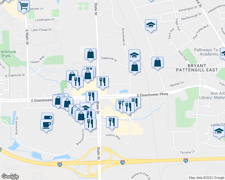 map of restaurants, bars, coffee shops, grocery stores, and more near 777 East Eisenhower Parkway in Ann Arbor