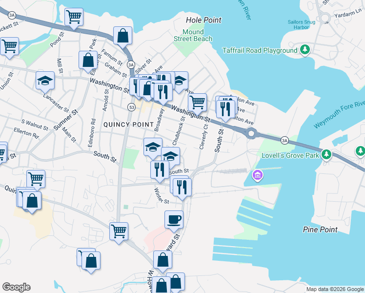 map of restaurants, bars, coffee shops, grocery stores, and more near 15 Chase Street in Quincy