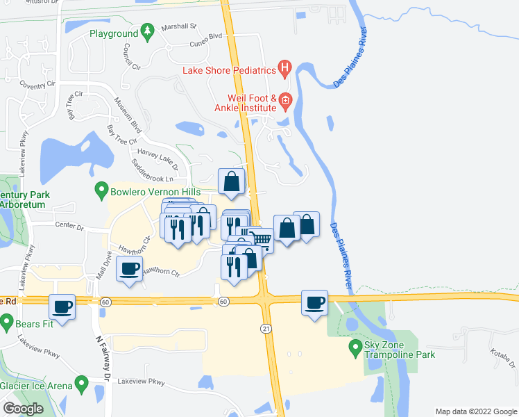 map of restaurants, bars, coffee shops, grocery stores, and more near 1115 North Milwaukee Avenue in Vernon Hills