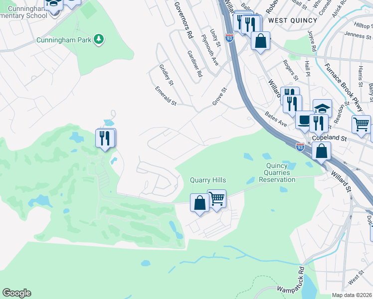 map of restaurants, bars, coffee shops, grocery stores, and more near 22 Eagle Terrace in Quincy