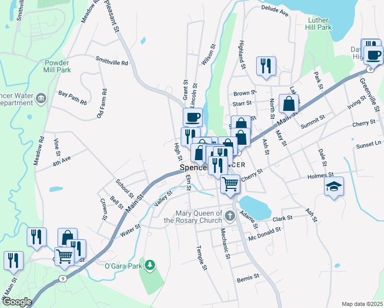 map of restaurants, bars, coffee shops, grocery stores, and more near 123 Main Street in Spencer