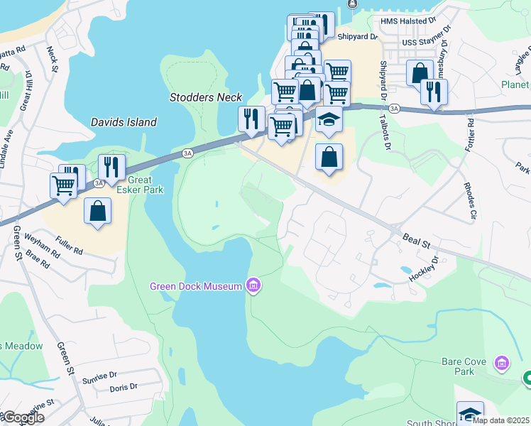 map of restaurants, bars, coffee shops, grocery stores, and more near 350 Beal Street in Hingham