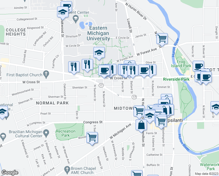 map of restaurants, bars, coffee shops, grocery stores, and more near 711 Emmet Street in Ypsilanti
