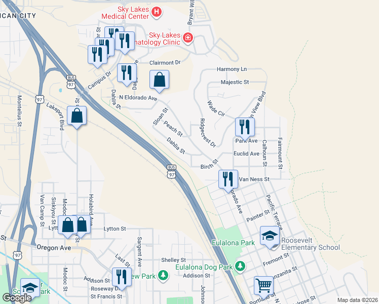map of restaurants, bars, coffee shops, grocery stores, and more near 117 Dahlia St in Klamath Falls