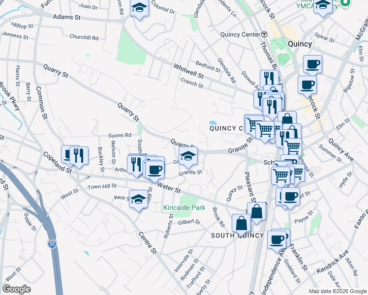 map of restaurants, bars, coffee shops, grocery stores, and more near 42 Quarry Street in Quincy