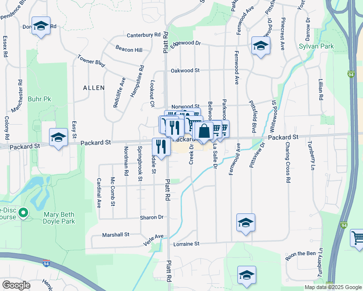 map of restaurants, bars, coffee shops, grocery stores, and more near 3070 Packard Street in Ann Arbor