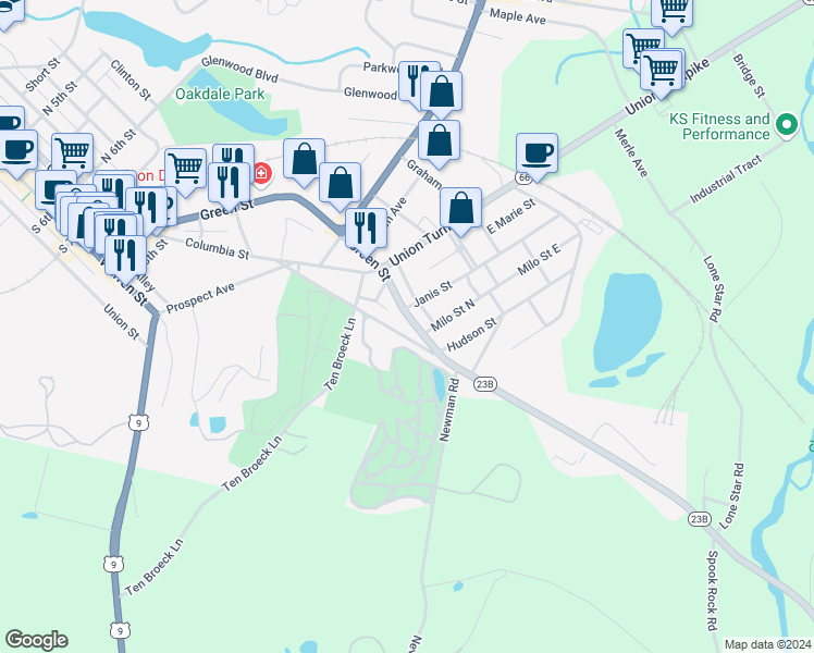 map of restaurants, bars, coffee shops, grocery stores, and more near 215 Green St in Hudson