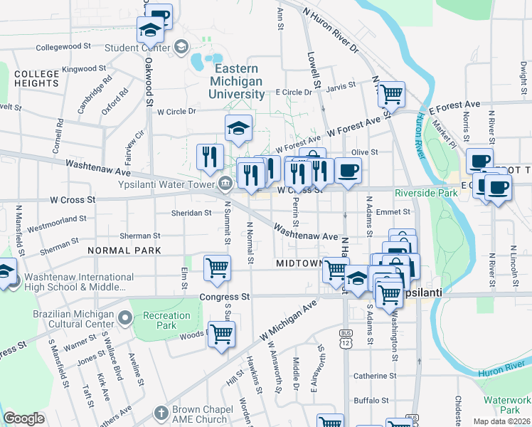 map of restaurants, bars, coffee shops, grocery stores, and more near 203 College Place in Ypsilanti