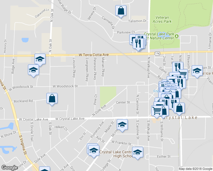 map of restaurants, bars, coffee shops, grocery stores, and more near 160 West Woodstock Street in Crystal Lake