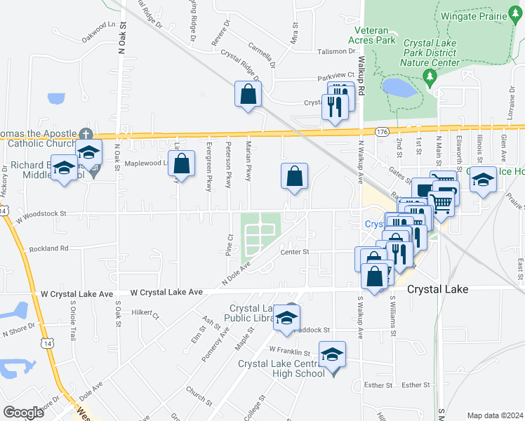 map of restaurants, bars, coffee shops, grocery stores, and more near 136 West Woodstock Street in Crystal Lake