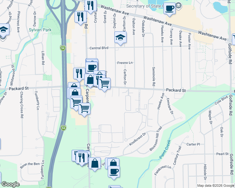 map of restaurants, bars, coffee shops, grocery stores, and more near 4214 Packard Street in Ann Arbor