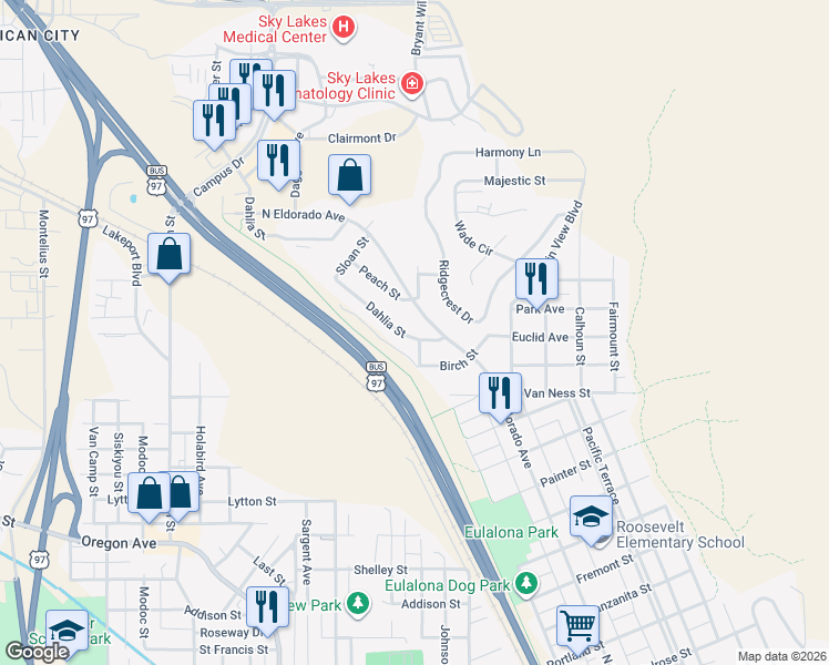 map of restaurants, bars, coffee shops, grocery stores, and more near 117 Dahlia Street in Klamath Falls