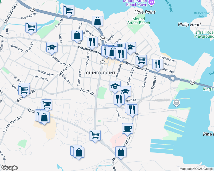 map of restaurants, bars, coffee shops, grocery stores, and more near 14 Broadway in Quincy