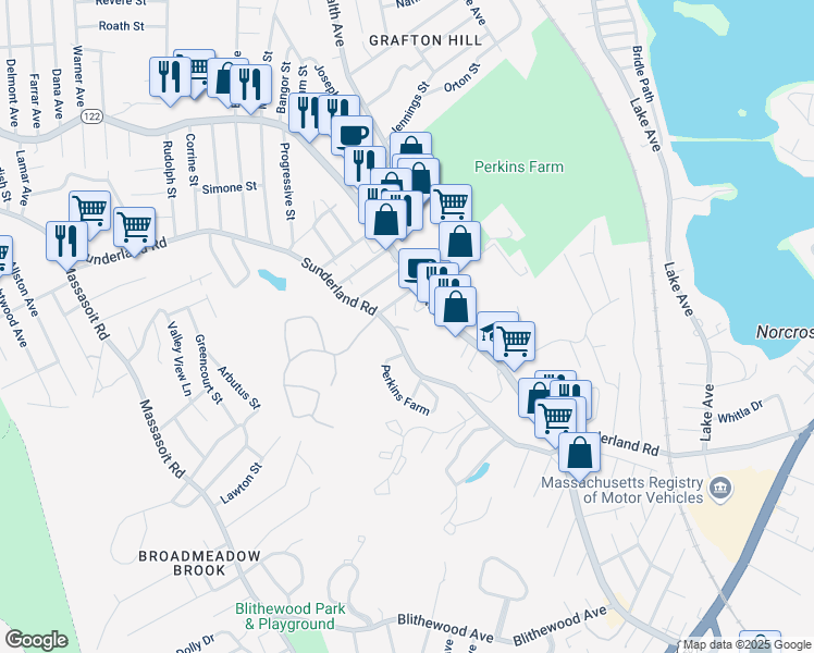 map of restaurants, bars, coffee shops, grocery stores, and more near 271 Sunderland Road in Worcester
