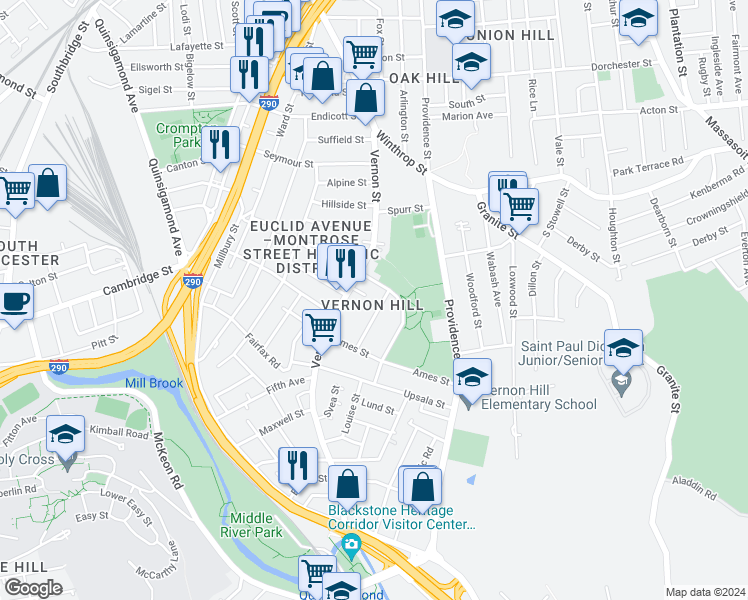 map of restaurants, bars, coffee shops, grocery stores, and more near 7 Fairbanks Street in Worcester