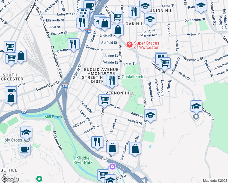 map of restaurants, bars, coffee shops, grocery stores, and more near 147 Vernon Street in Worcester