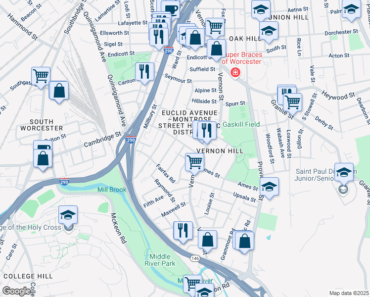 map of restaurants, bars, coffee shops, grocery stores, and more near 78 Harlem Street in Worcester