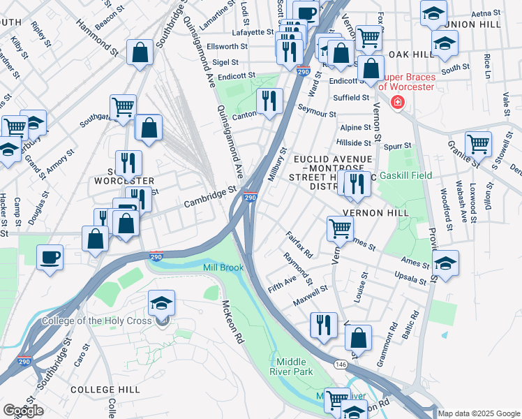 map of restaurants, bars, coffee shops, grocery stores, and more near 4 Diamond Street in Worcester