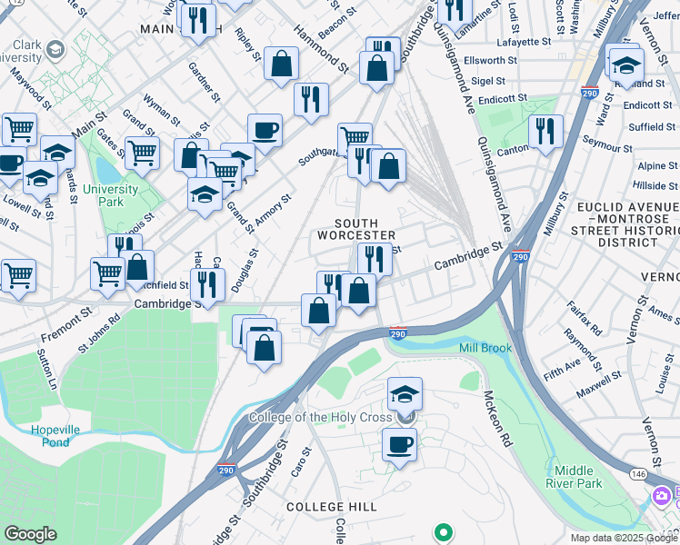 map of restaurants, bars, coffee shops, grocery stores, and more near in Worcester