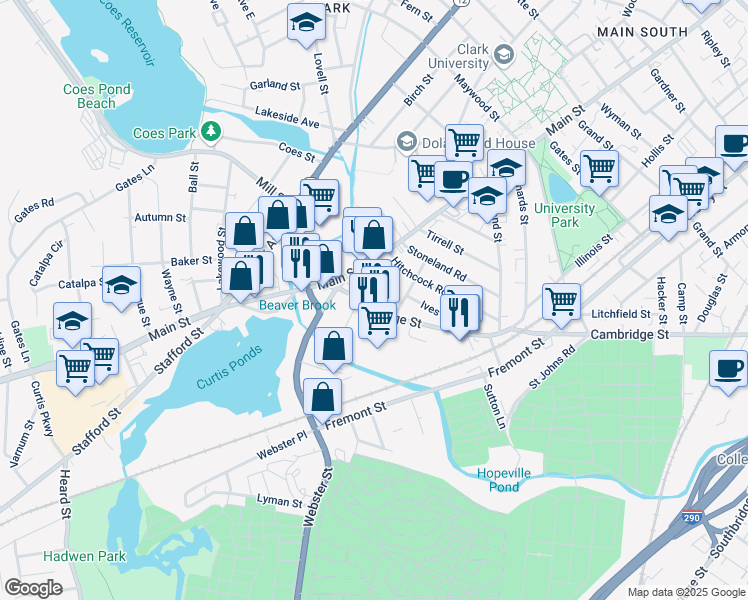map of restaurants, bars, coffee shops, grocery stores, and more near 24 Cambridge Street in Worcester