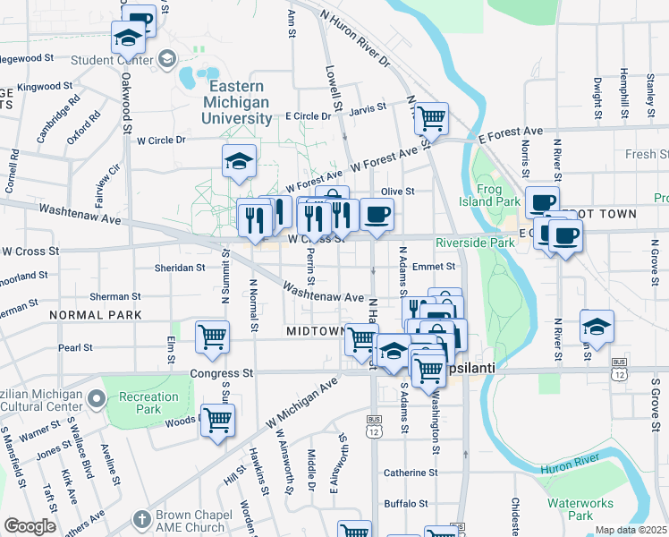 map of restaurants, bars, coffee shops, grocery stores, and more near 216 Ballard Street in Ypsilanti