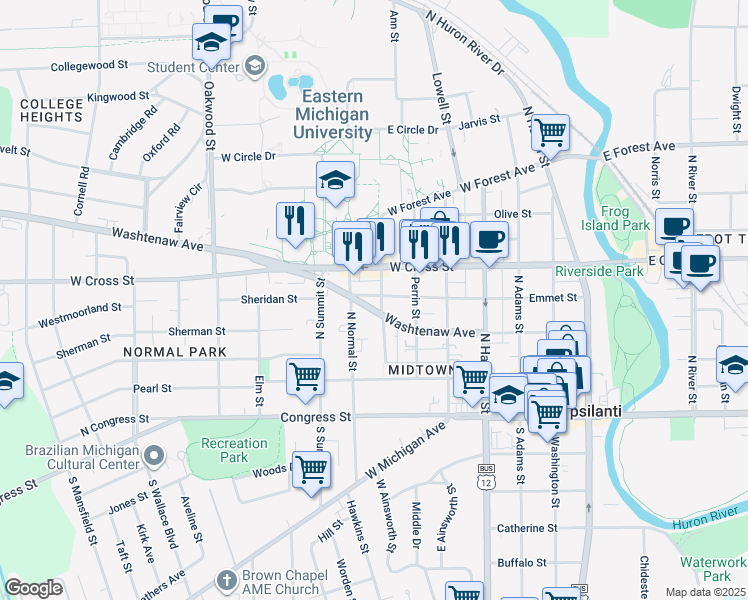 map of restaurants, bars, coffee shops, grocery stores, and more near 203 College Place in Ypsilanti