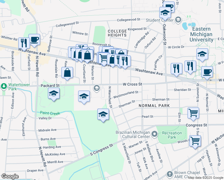 map of restaurants, bars, coffee shops, grocery stores, and more near 350 North Mansfield Street in Ypsilanti