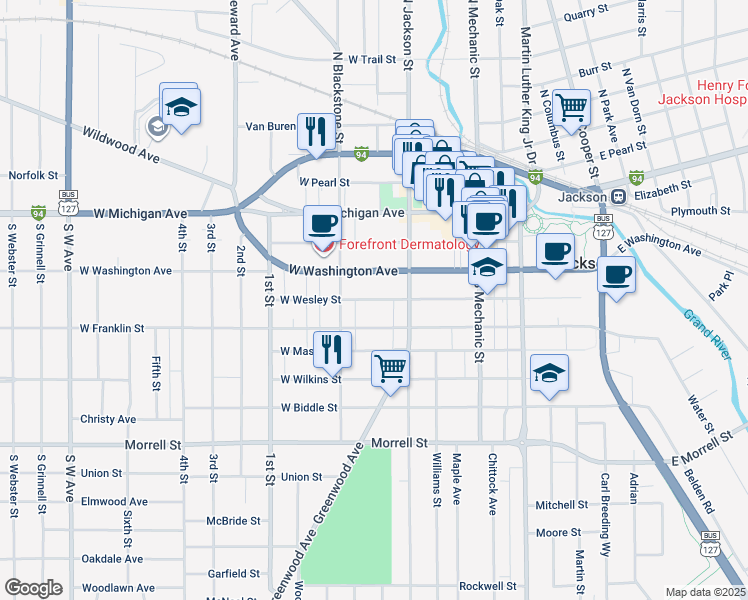 map of restaurants, bars, coffee shops, grocery stores, and more near 233 West Wesley Street in Jackson