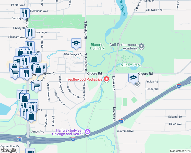 map of restaurants, bars, coffee shops, grocery stores, and more near 246 East Kilgore Road in Portage