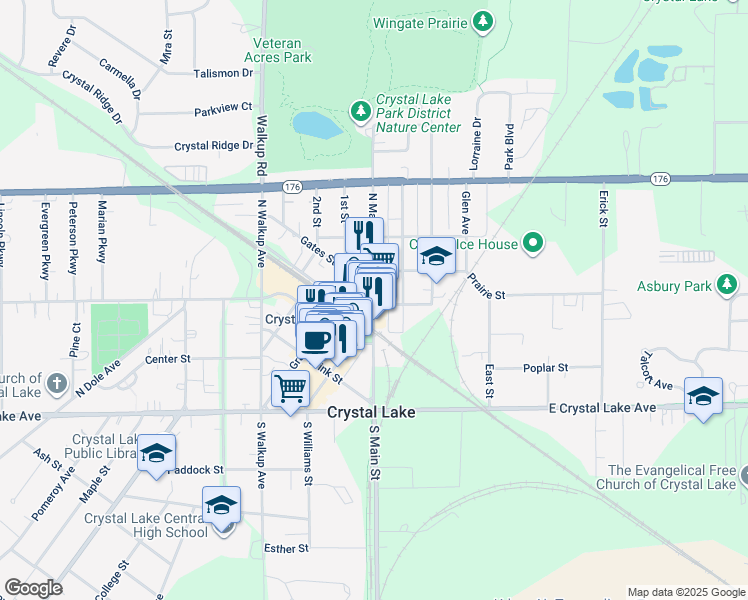 map of restaurants, bars, coffee shops, grocery stores, and more near 135 Beardsley Street in Crystal Lake