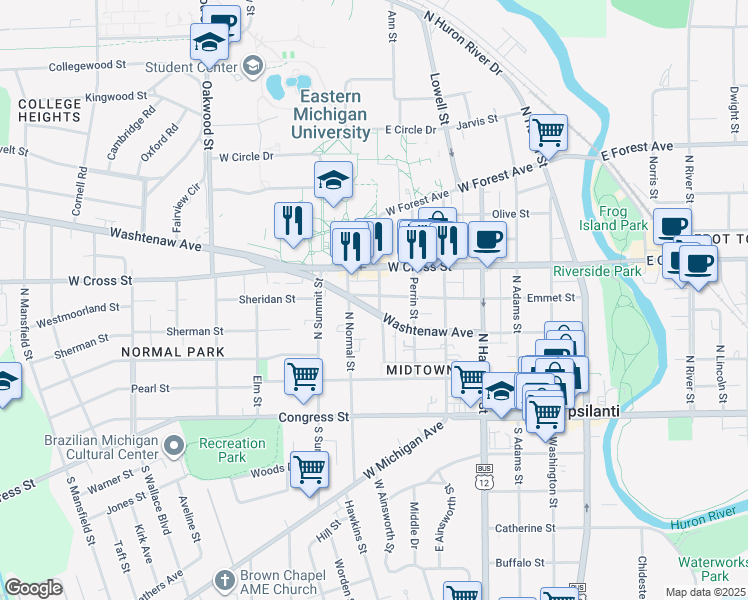 map of restaurants, bars, coffee shops, grocery stores, and more near 701 Emmet Street in Ypsilanti
