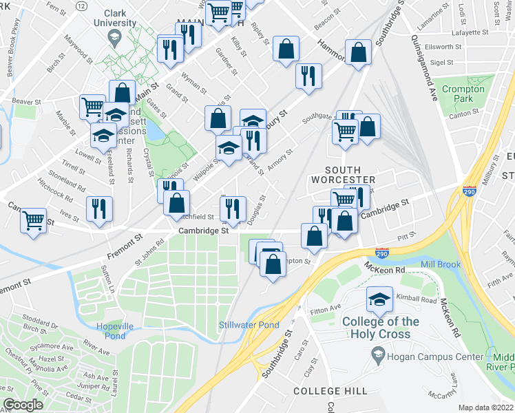 map of restaurants, bars, coffee shops, grocery stores, and more near 2 Douglas Court in Worcester