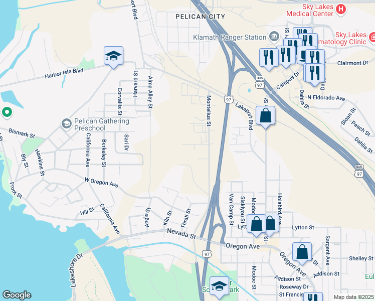 map of restaurants, bars, coffee shops, grocery stores, and more near 214 Gage Road in Klamath Falls