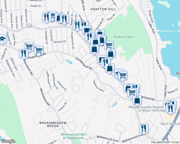 map of restaurants, bars, coffee shops, grocery stores, and more near 8 Duncannon Avenue in Worcester