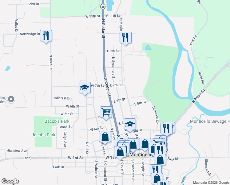 map of restaurants, bars, coffee shops, grocery stores, and more near 600-698 North Cedar Street in Monticello