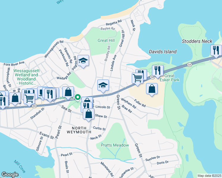 map of restaurants, bars, coffee shops, grocery stores, and more near 632 Bridge Street in Weymouth