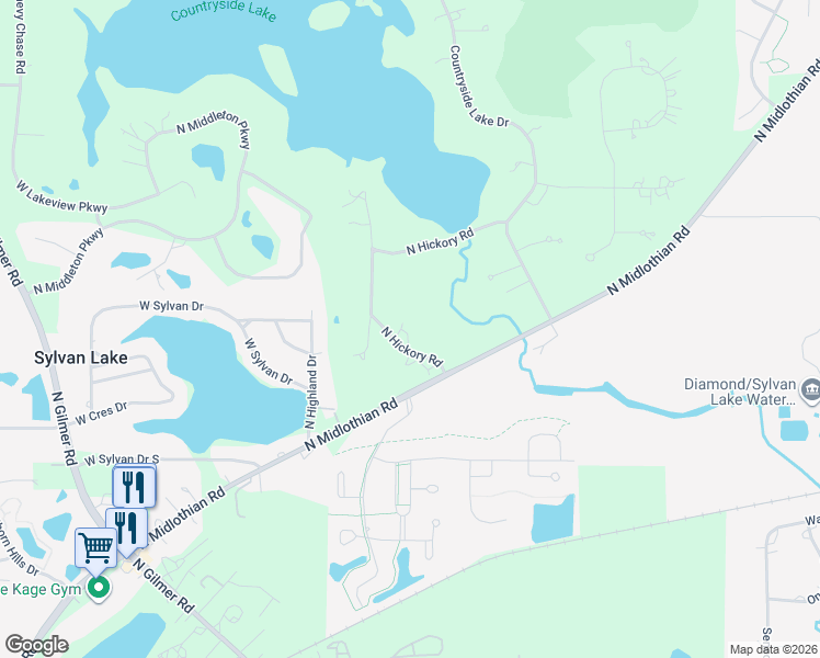 map of restaurants, bars, coffee shops, grocery stores, and more near 26267 North Hickory Road in Mundelein