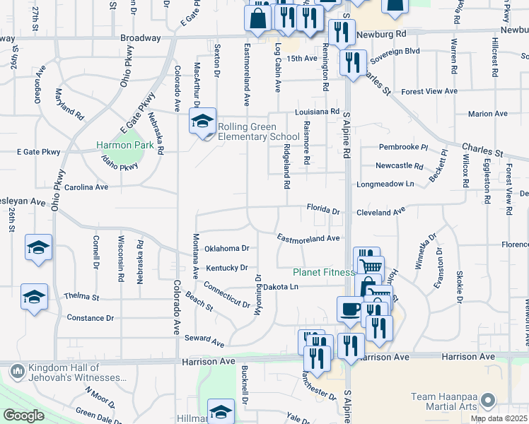 map of restaurants, bars, coffee shops, grocery stores, and more near 3915 Florida Drive in Rockford