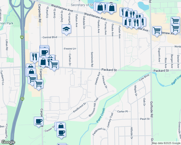map of restaurants, bars, coffee shops, grocery stores, and more near 3067 Randolph Court Drive in Ann Arbor