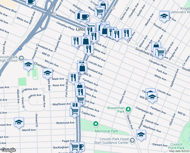 map of restaurants, bars, coffee shops, grocery stores, and more near 1130 Mill Street in Lincoln Park