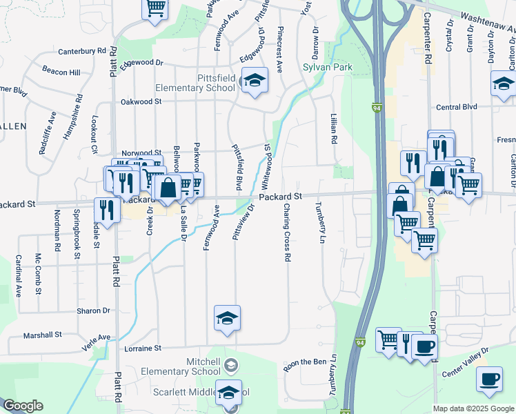 map of restaurants, bars, coffee shops, grocery stores, and more near 3450 Packard Street in Ann Arbor