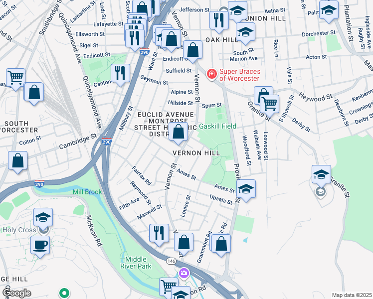 map of restaurants, bars, coffee shops, grocery stores, and more near 141 Vernon Street in Worcester