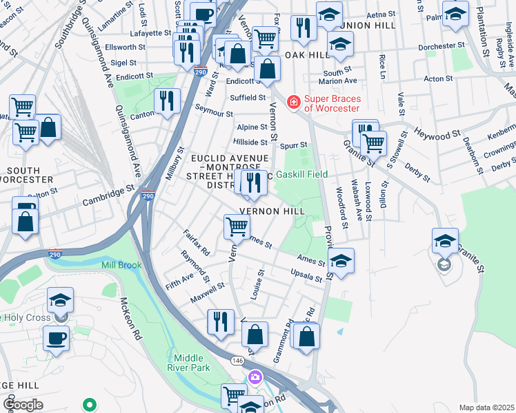 map of restaurants, bars, coffee shops, grocery stores, and more near 141 Vernon Street in Worcester