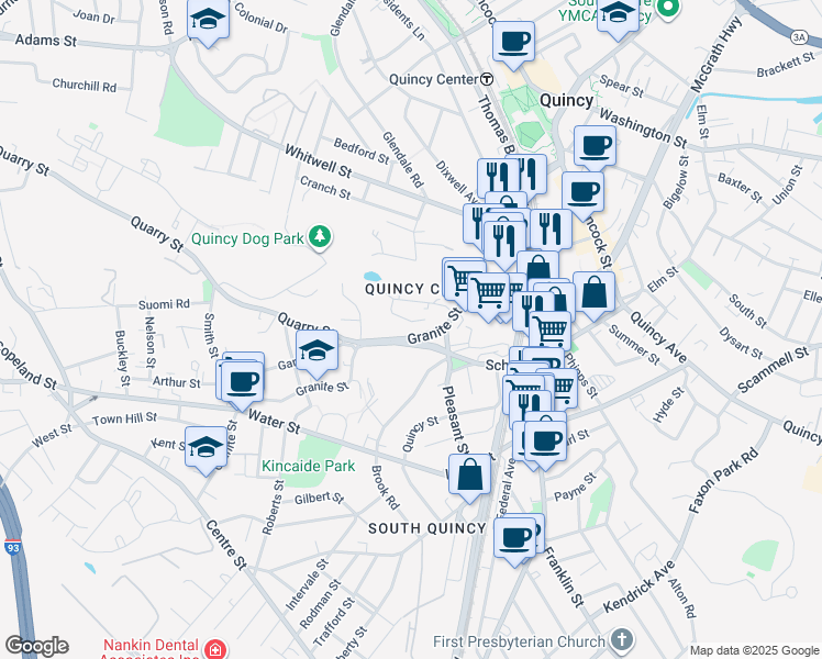 map of restaurants, bars, coffee shops, grocery stores, and more near 199 Granite Street in Quincy